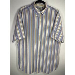 LL Bean Men Large Tall Cotton Short Sleeve Searsucker Button Up Shirt Striped